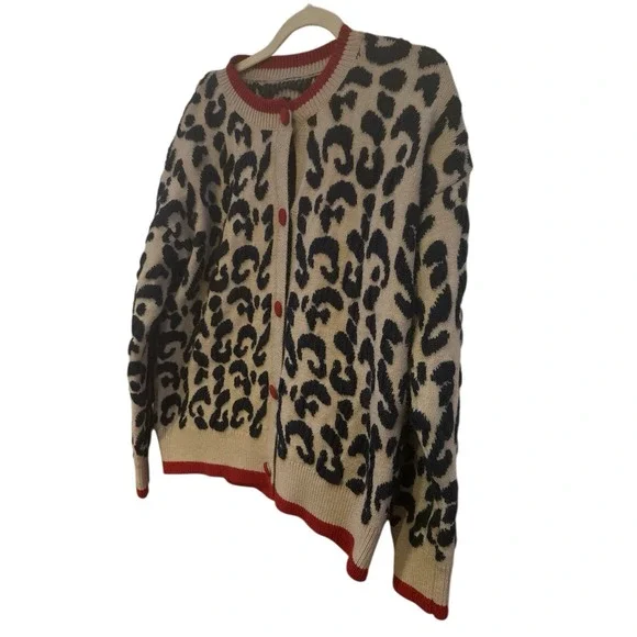 Leopard Print Taupe Navy Blue Cardigan Red Buttons *No Size Tag See Measurements - Picture 2 of 9